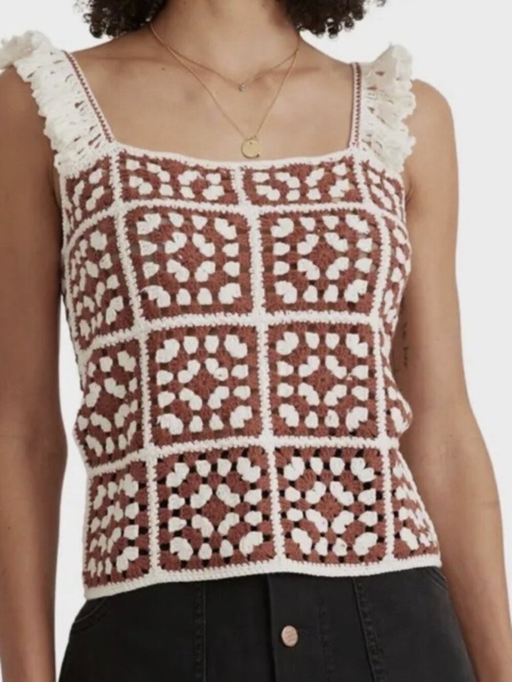 Marine Layer Women's Cora Crochet Ruffle Tank Top Cotton, Brown Cream, Size M